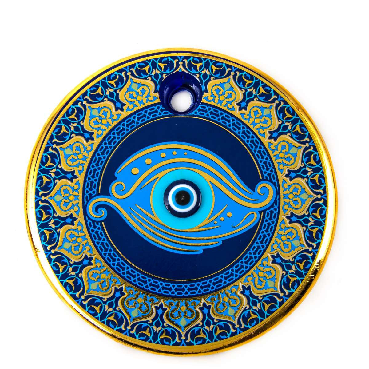 Handmade Gold Evil Eye Wall Hanging features a mystical blue and gold medallion