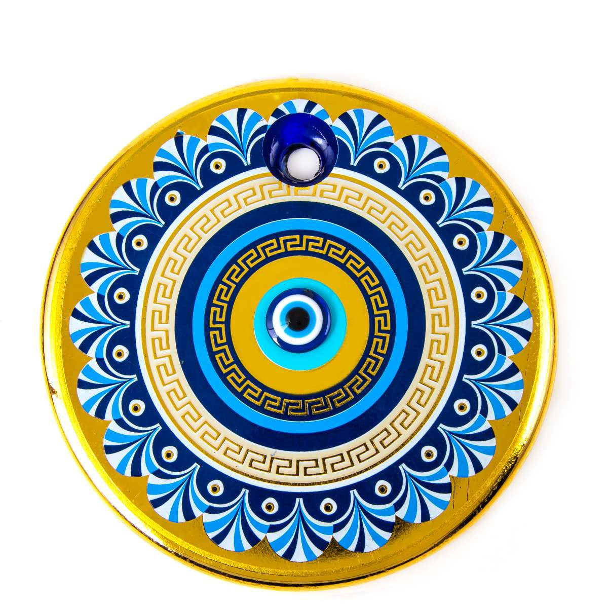 Decorative circular medallion with blue and gold evil eye pattern in handmade gold evil eye wall hanging