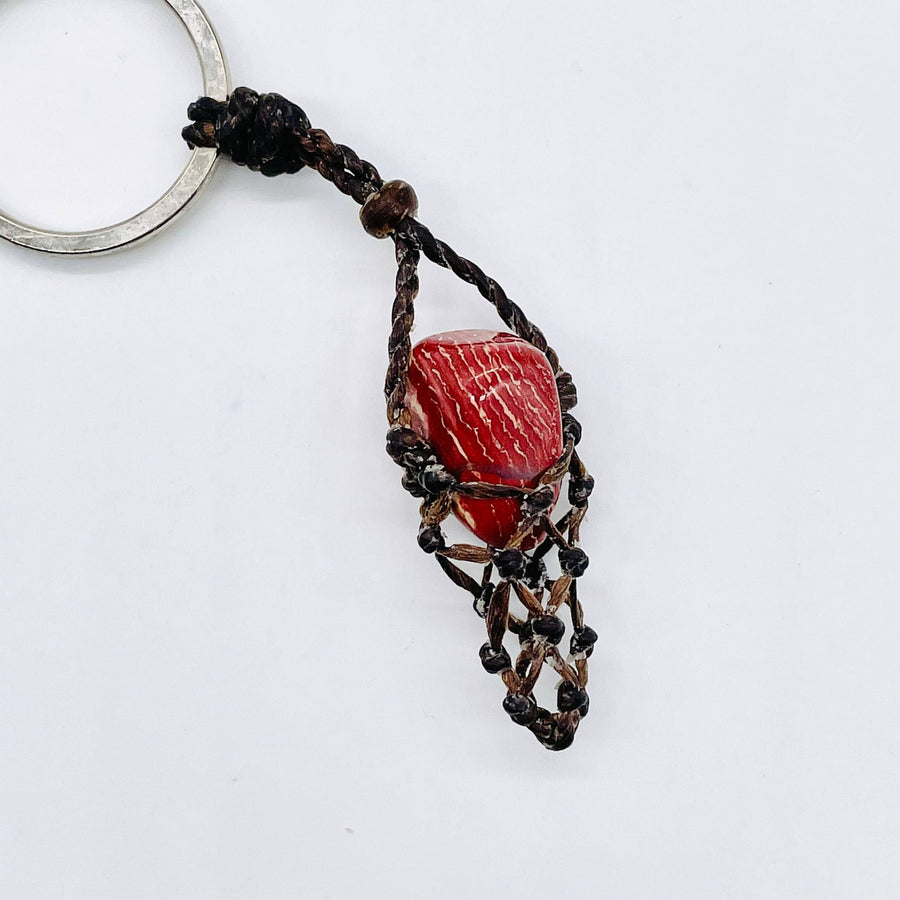 Handmade macrame gemstone keychain with red textured stone, #BC0418