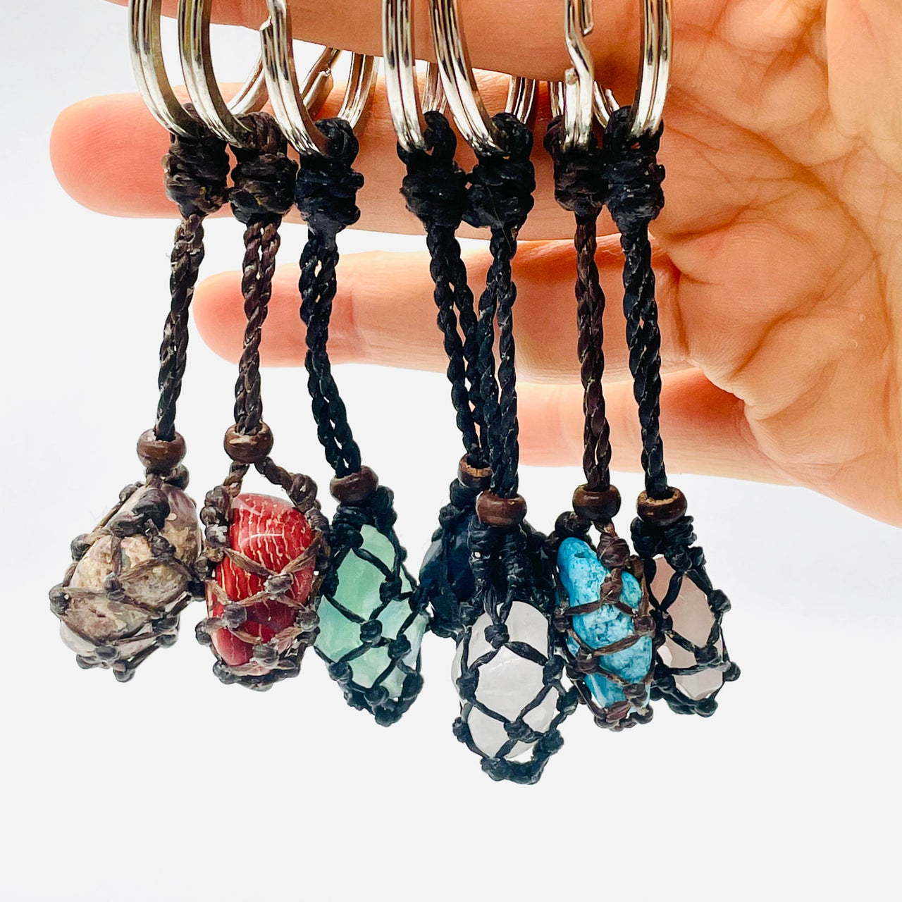 Handmade macrame gemstone keychain with colorful stones, black netting, wooden beads #BC0418