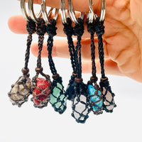 Handmade macrame gemstone keychain with colorful stones, black netting, wooden beads #BC0418