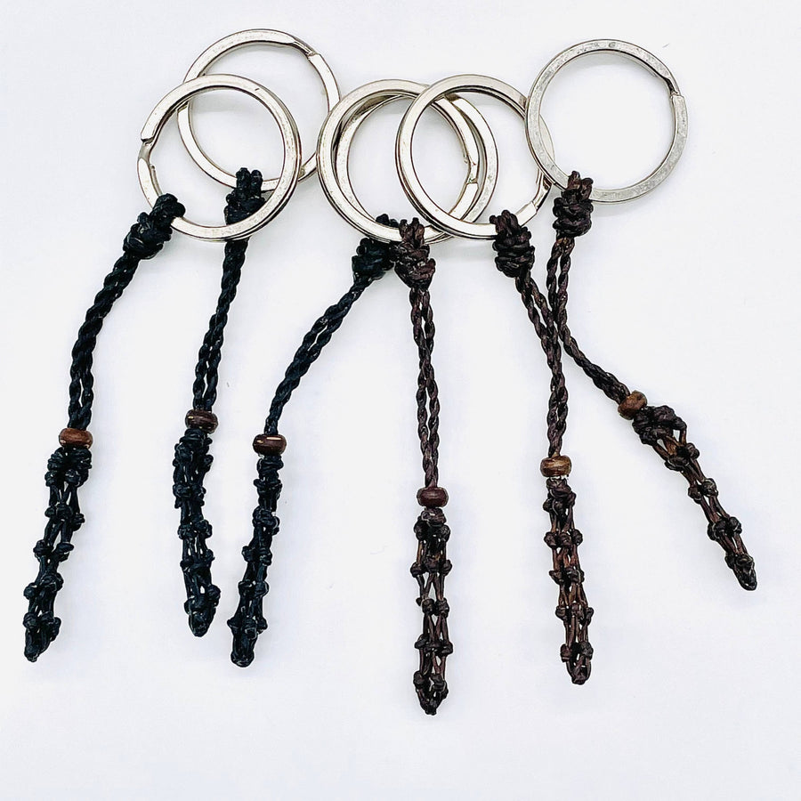 Handmade black macrame gemstone keychain with silver rings and wooden beads #BC0418