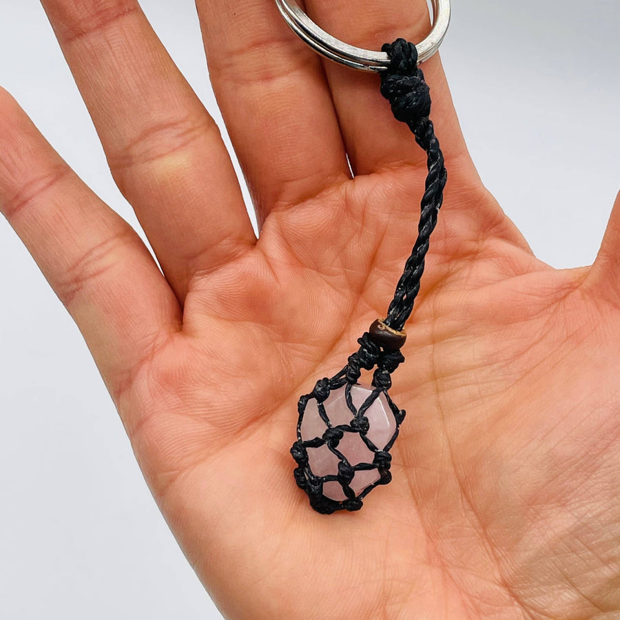 Handmade macrame pink rose quartz keychain BC0418