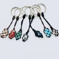 Handmade macrame gemstone keychains with changeable colored stones, #BC0418