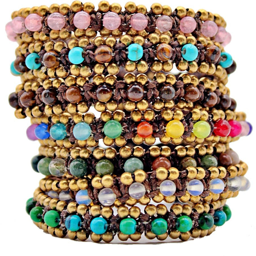 Handmade macramé gemstone bead bracelets with bell clasp in pink turquoise green orange blue clear gold tones