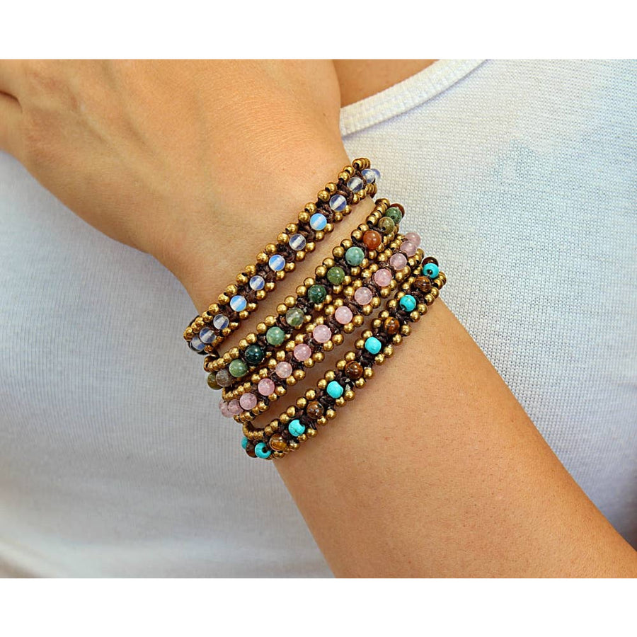 Handmade macramé gemstone beaded bracelets with bell clasp in earthy tones