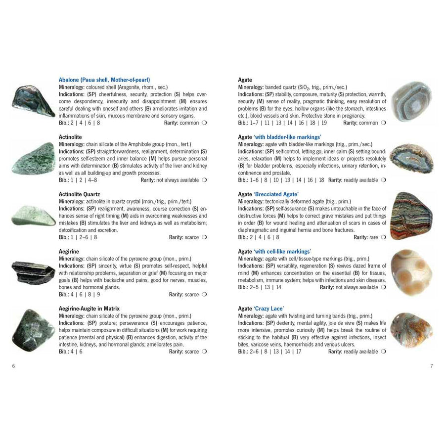 Page from healing crystals book by michael gienger showing detailed mineral entries like abalone and agate for gemstones and jewelry