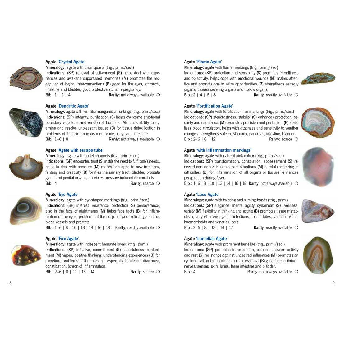 Page from healing crystals book by michael gienger showing various agate gemstones and their uses in jewelry and healing crystals