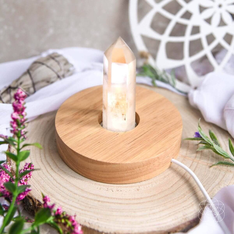 Wooden Healing Quartz Lamp with natural finish and quartz point tower
