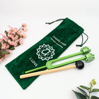 Green heart chakra tuning fork with mallet and pouch for healing and energy balancing