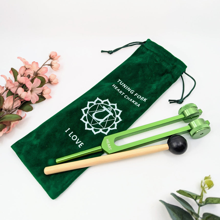 Green heart chakra tuning fork with mallet and pouch for healing and energy balancing