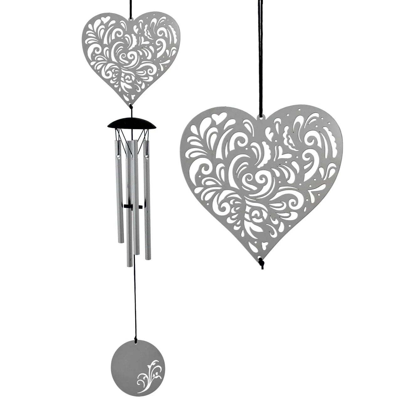 Heart Flourish Chime Woodstock FLHE silver wind chime with floral cutouts