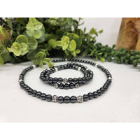 Black beaded hematite necklace with silver skull accents, 6mm #LV9520