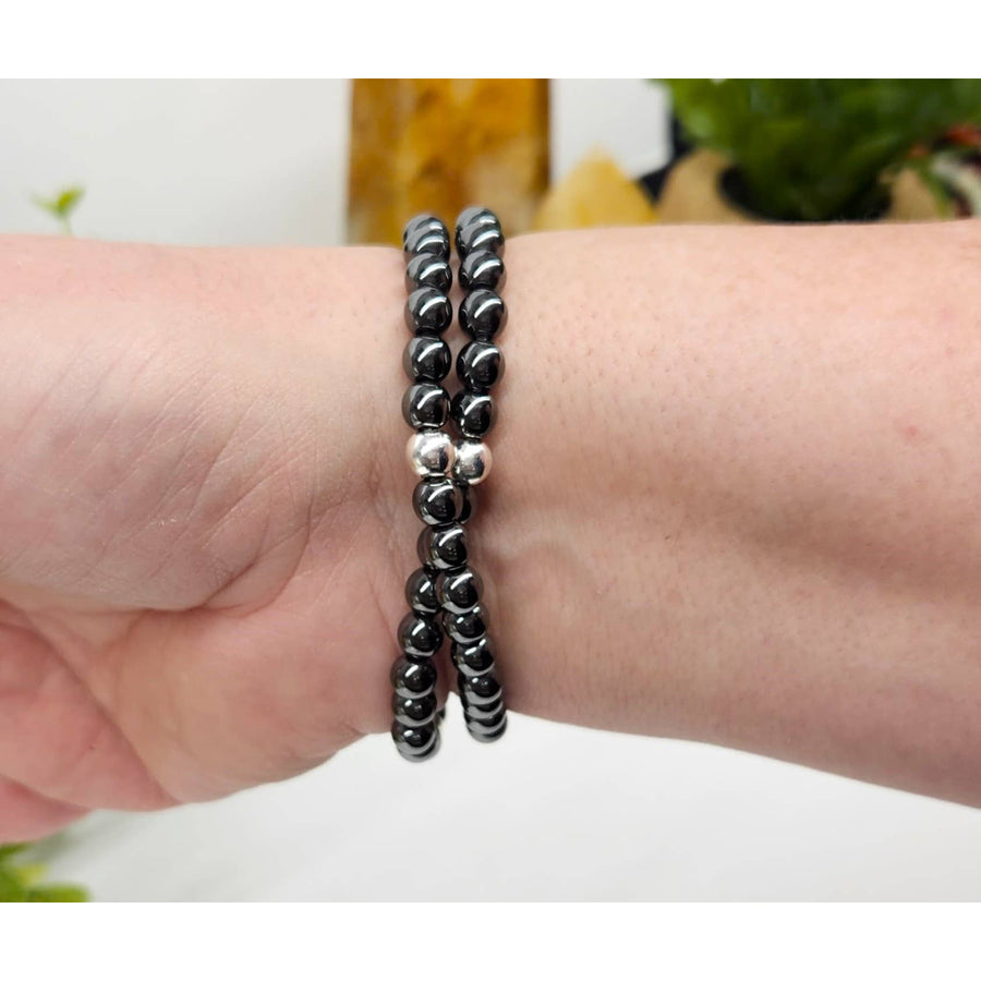 Hematite Double Twist 6mm Black Magnetic Bead Bracelet with Silver Accents