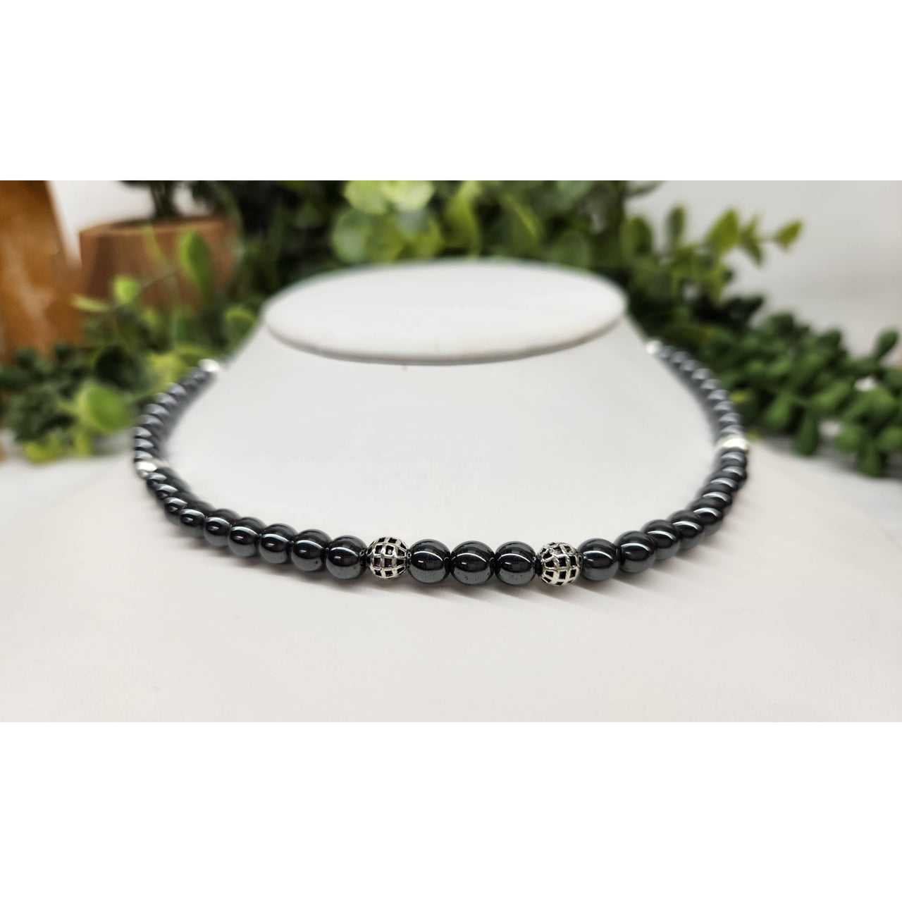 Black hematite double twist necklace with silver accents, 6mm beads LV9520