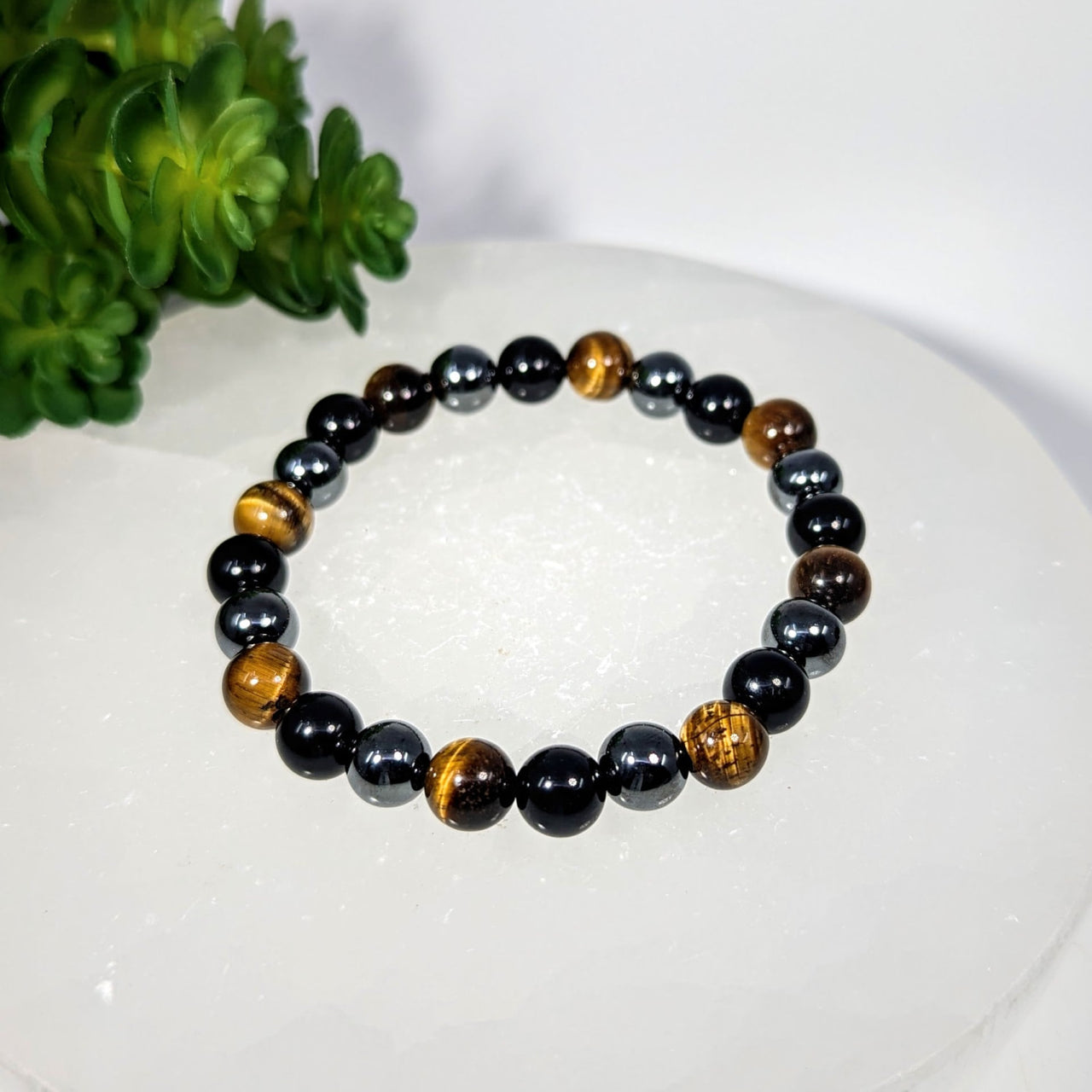 8-inch grounding bracelet with tiger’s eye, hematite, and black tourmaline beads