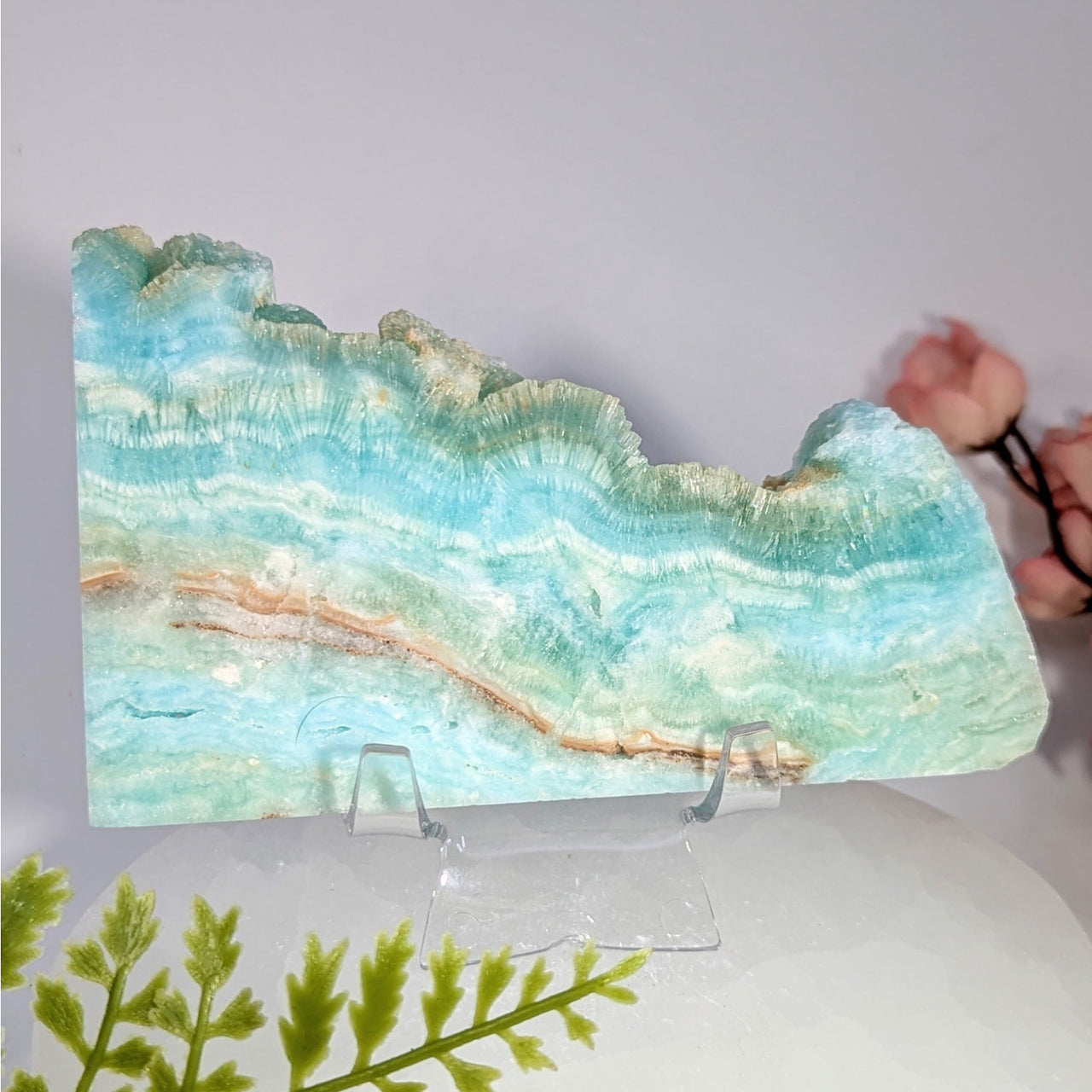 Hemimorphite 4.75’’ turquoise green agate slab #BC0753 on acrylic stand