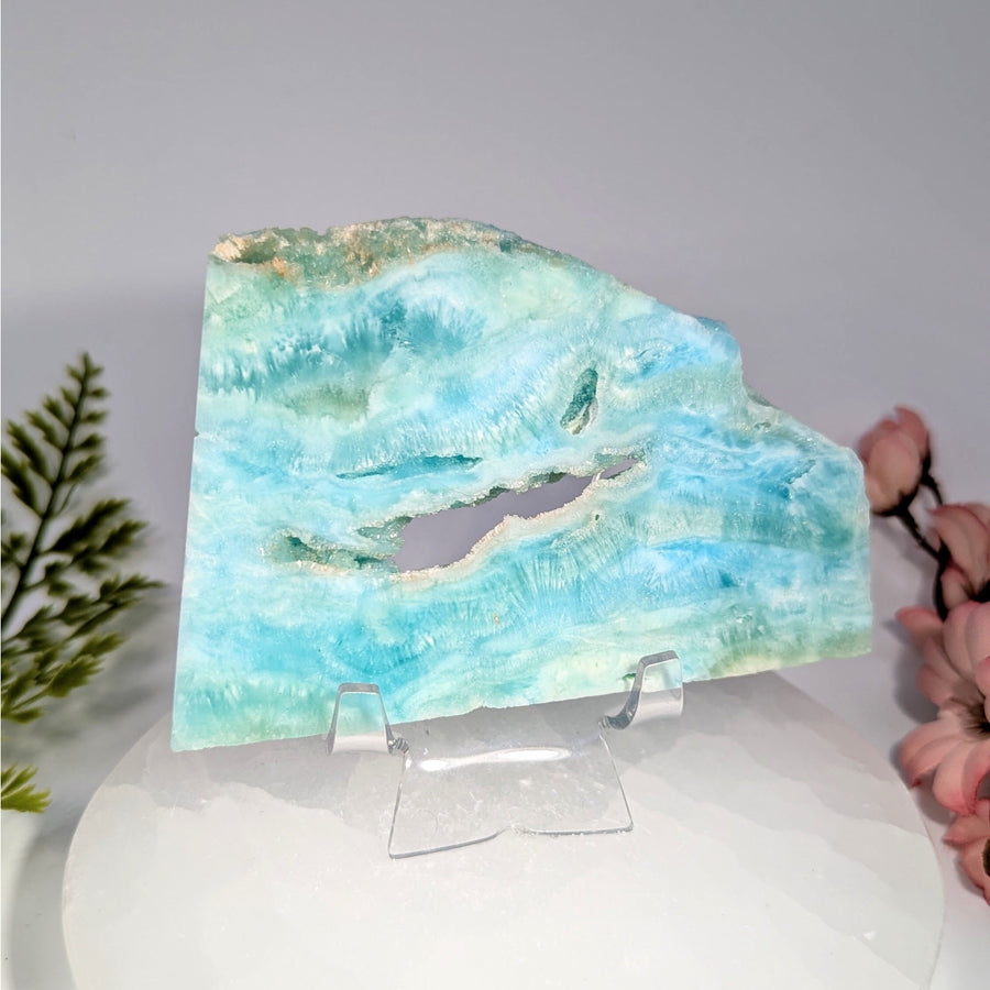 Vibrant turquoise green aventurine geode slab Hemimorphite 4’’ #BC0755