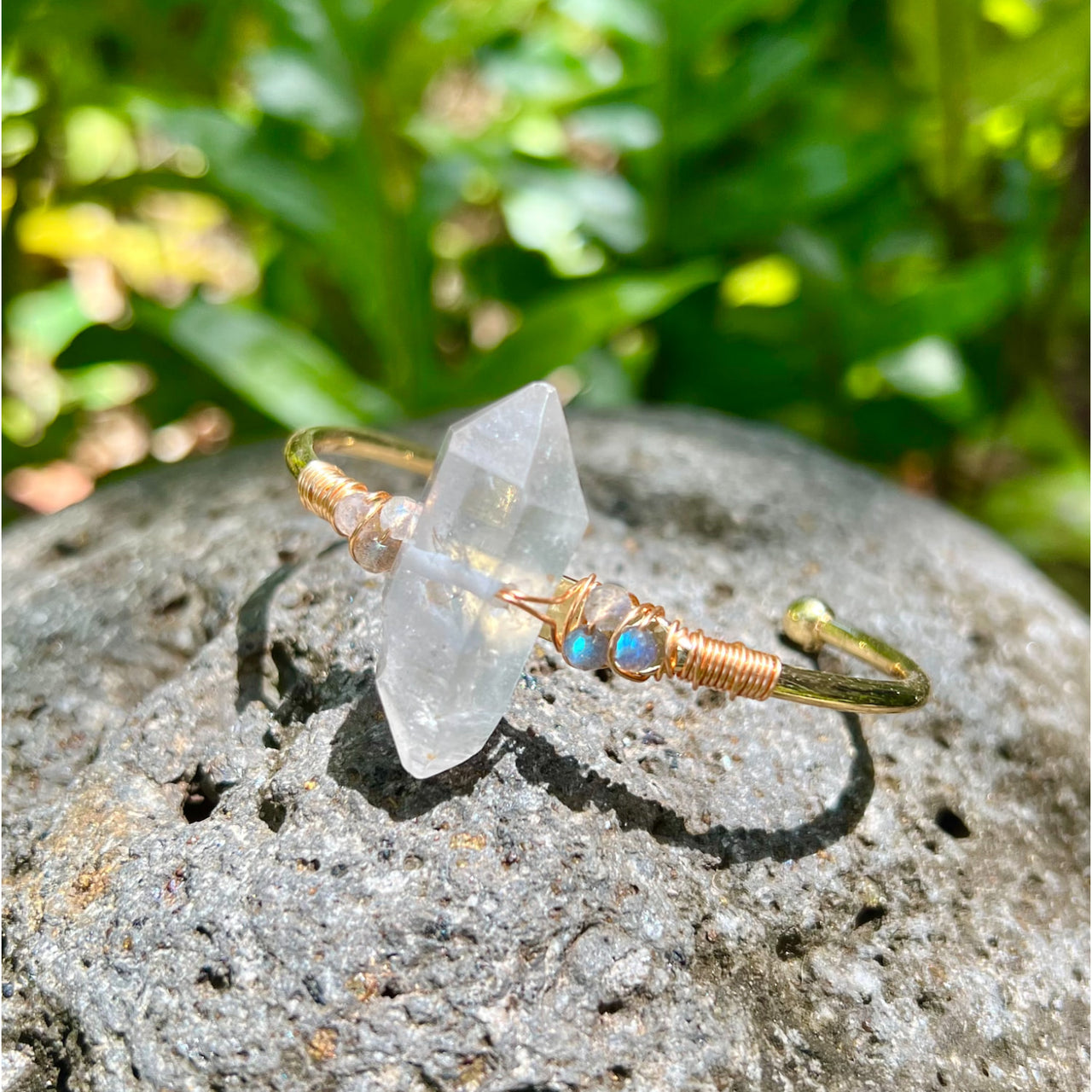 Wire-wrapped Herkimer Diamond Quartz Rough Gold Bangle Cuff Bracelet with turquoise accents