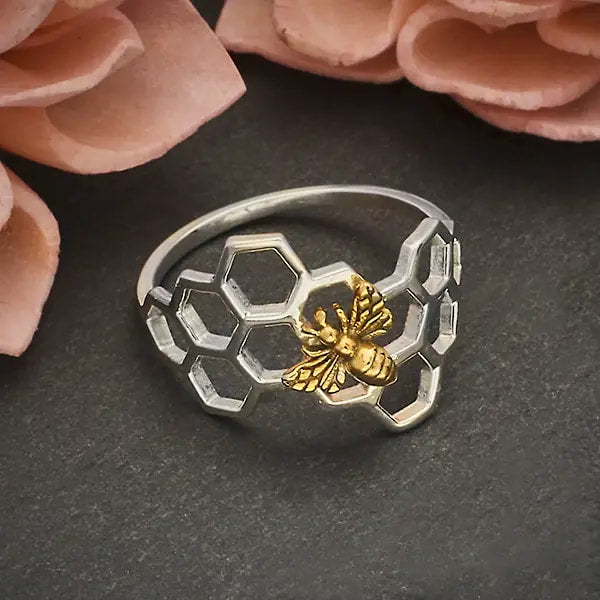 Sterling Silver Honeycomb Bee Ring #J003 with a bee on it