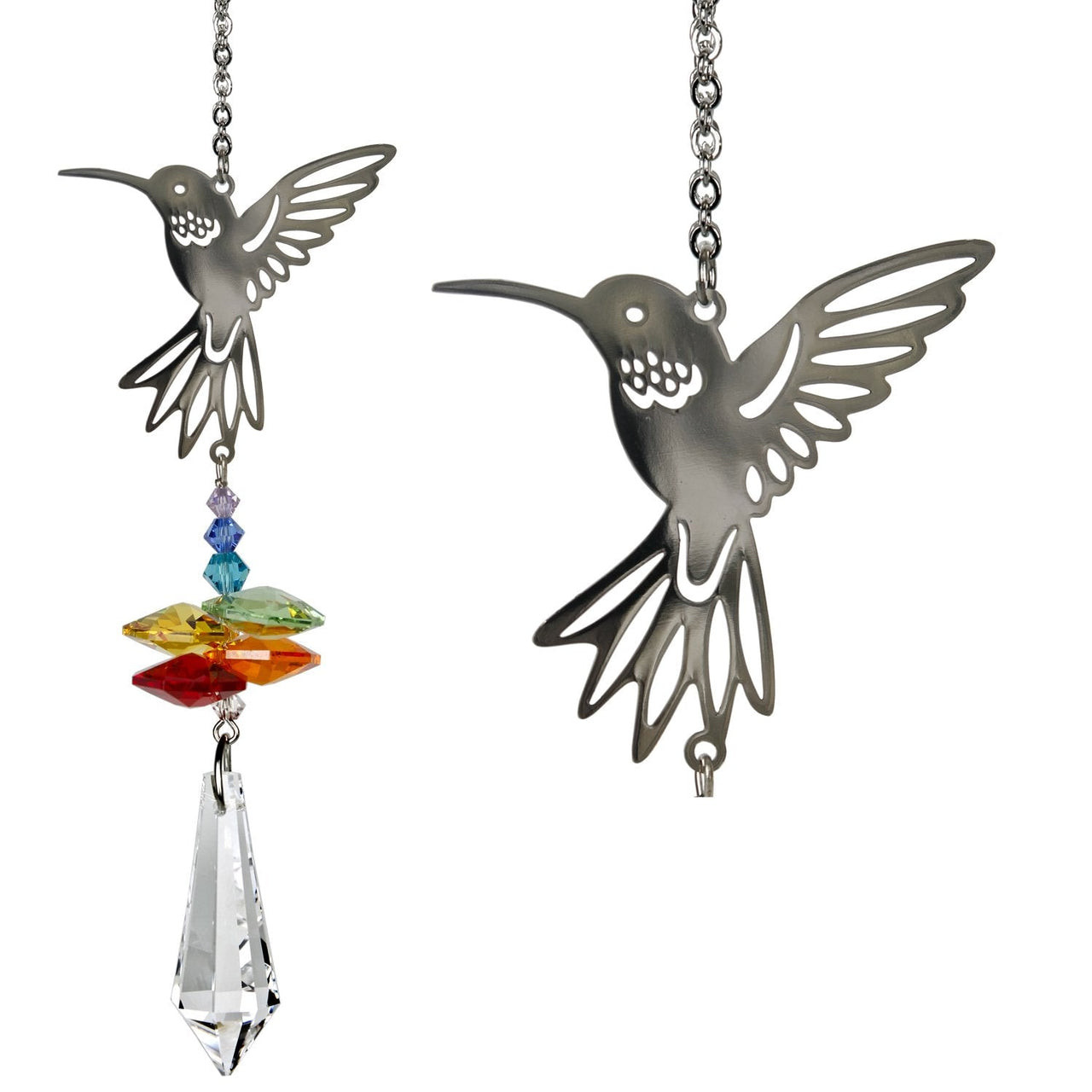 Silver Hummingbird Suncatcher with Rainbow Beads and Swarovski Prism