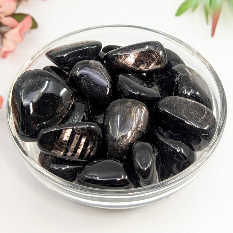 Polished black obsidian stones in a bowl for Hyperstene 1 1.6 A+ Tumbled Stone LV8053