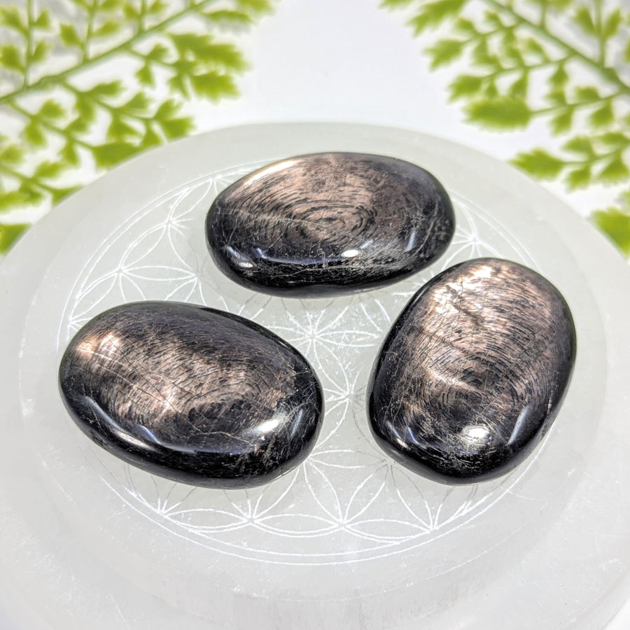 Hypersthene 2.1’’ palm stone #BC1227: 3 black silverstone pebbles on quartz