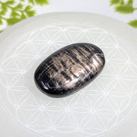 Polished hypersthene 2’’ palm stone #BC1225 with silver streaks on plate