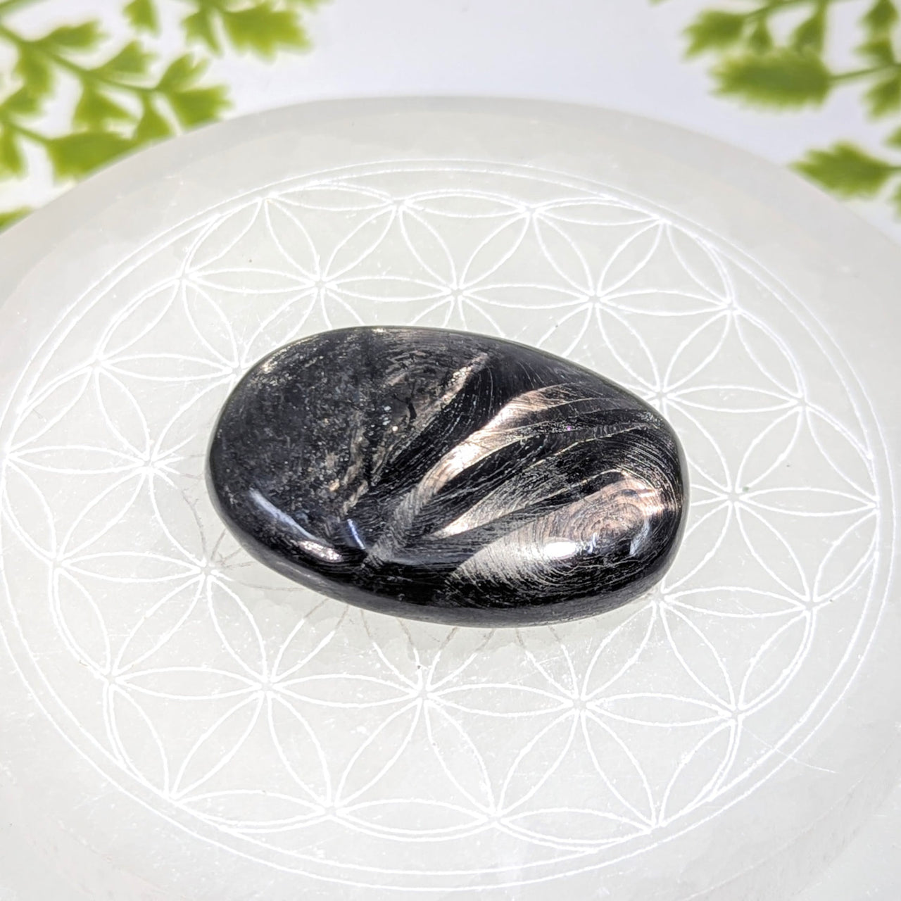 Hypersthene 2’’ palm stone #BC1226 with black obsidian and silver streaks