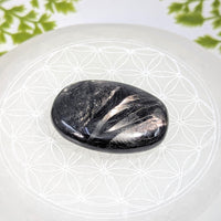 Hypersthene 2’’ palm stone #BC1226 with black obsidian and silver streaks