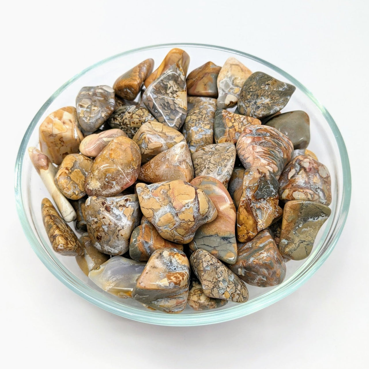 Bowl of tumbled stones from Ibis Jasper 2 Pack 1-1.5’ Tumbled Stone #LV2900