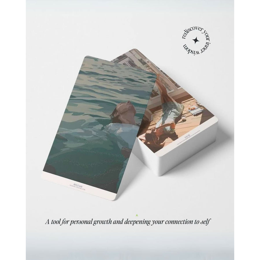 Stacked deck of cards featuring Water and Beach scenes for Illuminate Mantra Oracle Deck