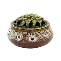 Brown ceramic incense cone burner bowl with gold floral lid and white lace-like glaze accents 3 in