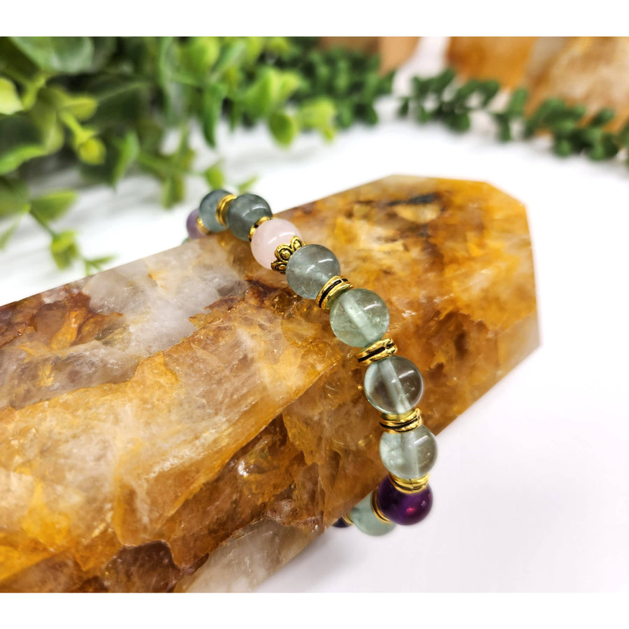Green prehnite amethyst bracelet with gold on citrine