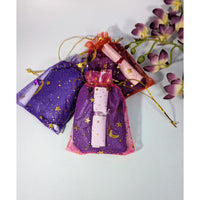 Purple sheer organza Intuitive Mystery Pouch with gold stars and moons
