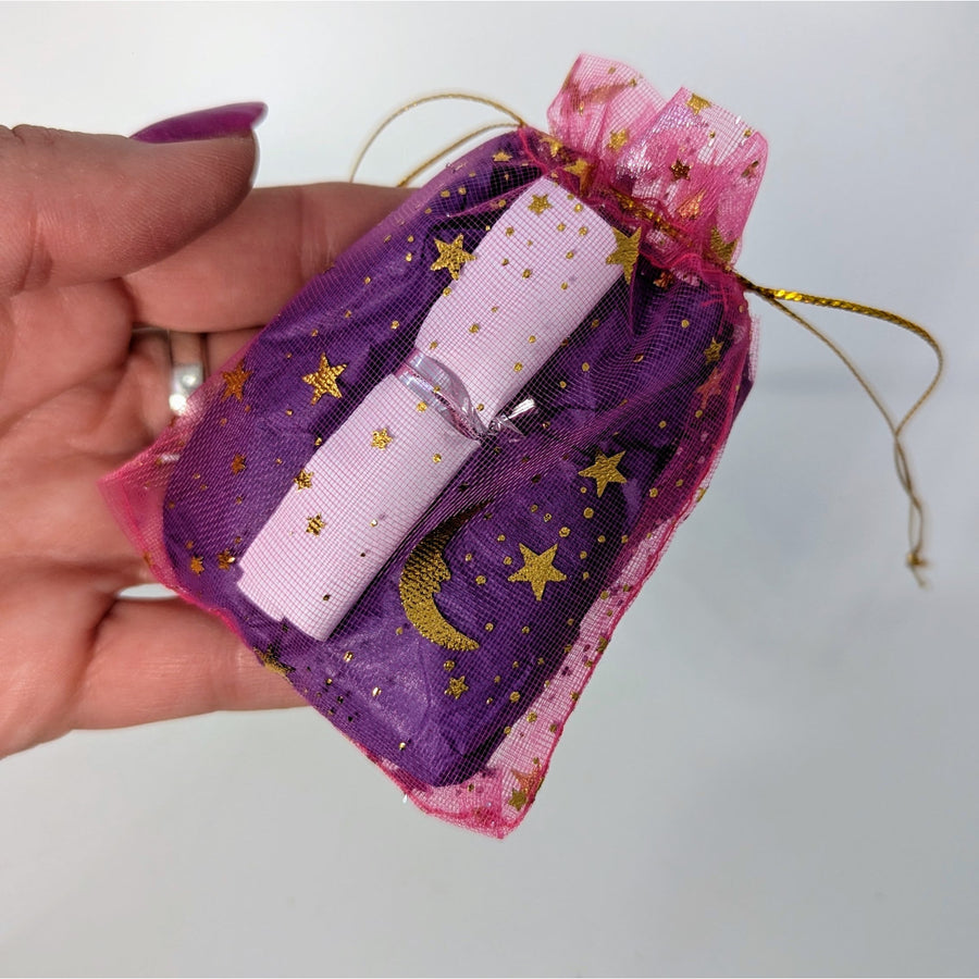 Purple sheer organza Intuitive Mystery Pouch with gold stars and moons, pink ribbon