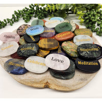 Multicolored crystal affirmation palm stones engraved with words, circular LV9536