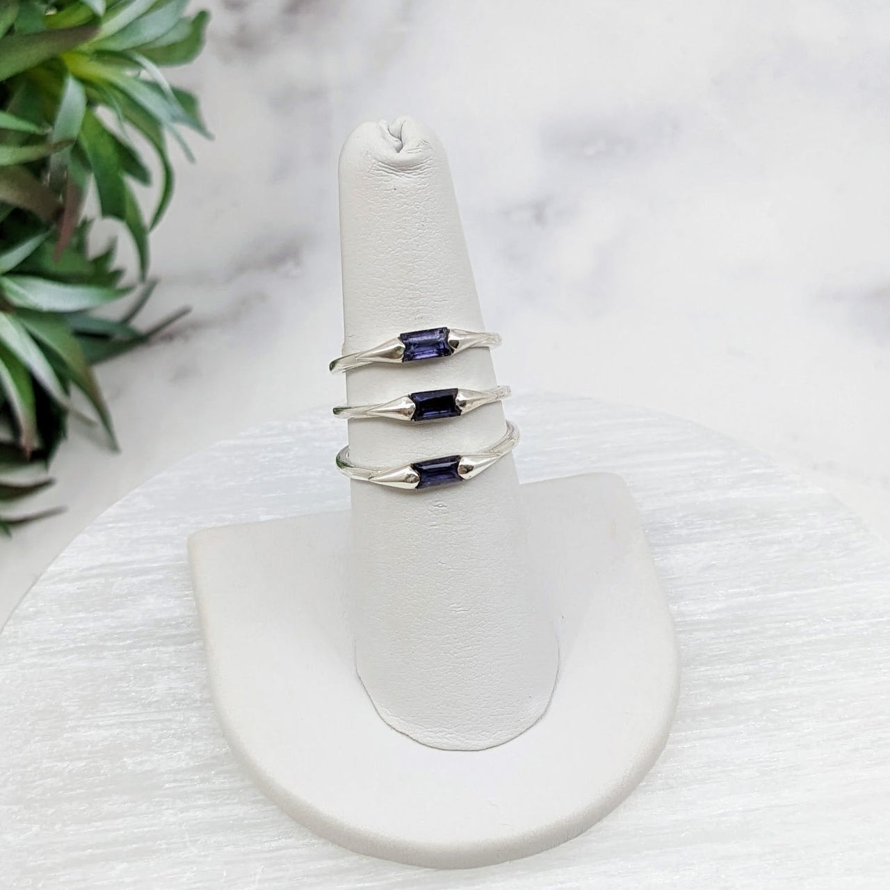 Iolite Faceted Baguette Sterling Silver Ring with Blue Sapphire Stone, Sizes 6-8 #LV3205