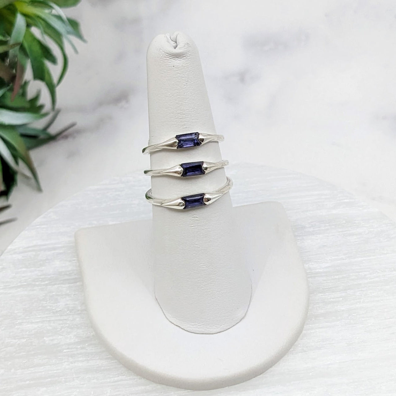 Iolite Faceted Baguette Sterling Silver Stackable Ring with Blue Sapphire Stone Size 6-8