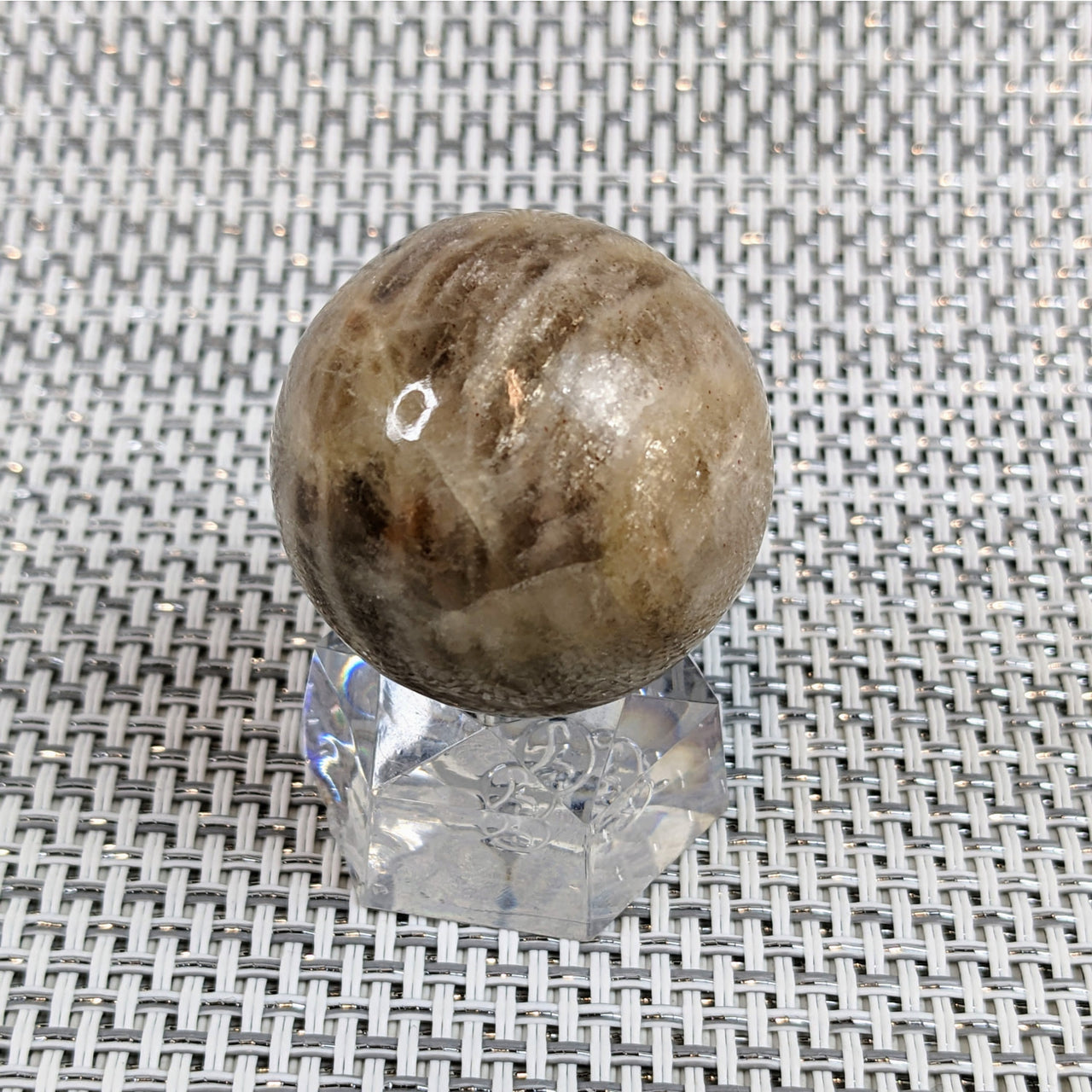 Iridescent Sunfire 1.2’ Moonstone Sphere on Glass Base - Product Code #LV4836