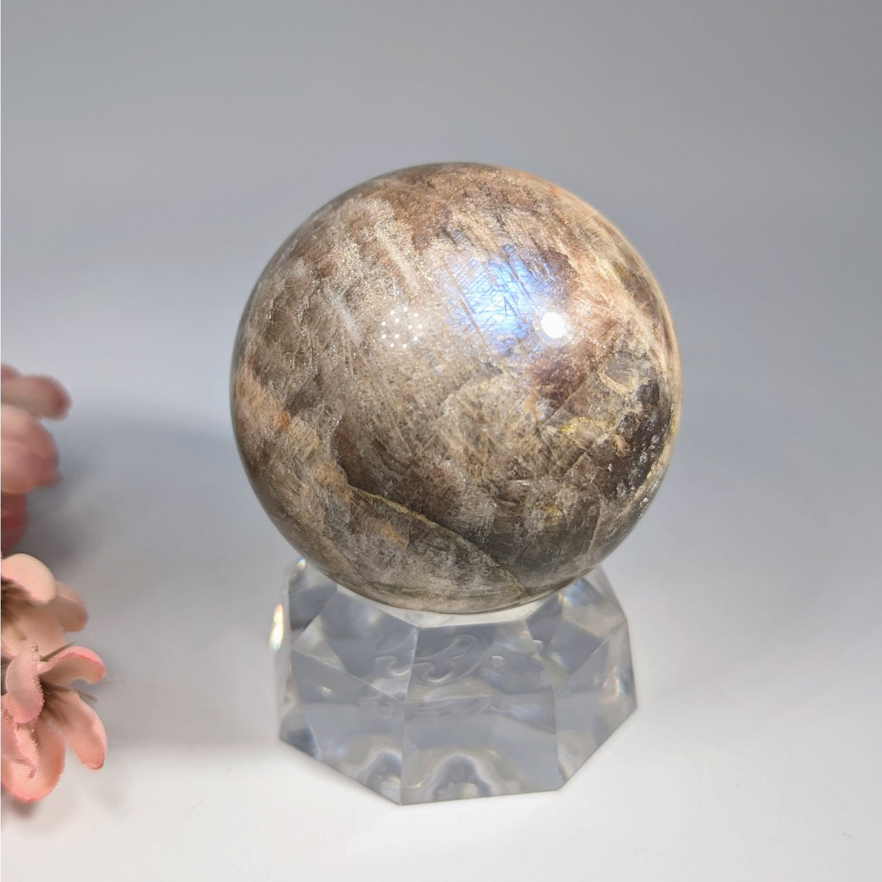 Iridescent Sunfire Moonstone 2.4’’ Sphere on Silver Marble Stand #BC0125
