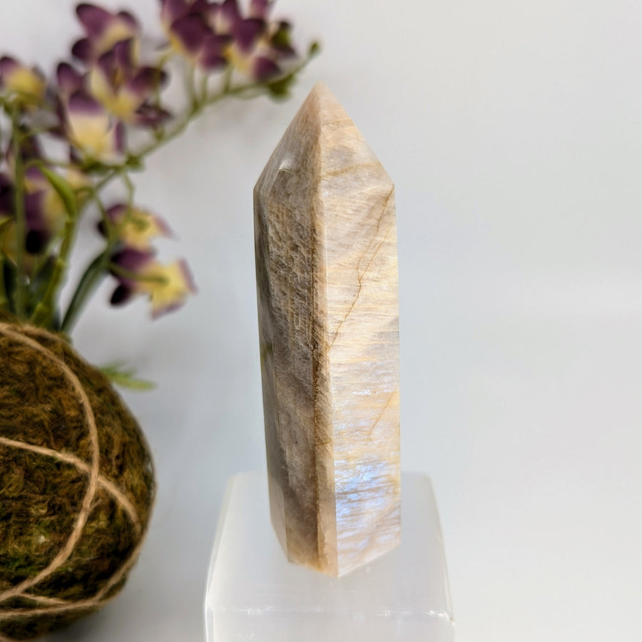 Polished moonstone crystal point from Irridescent Sunfire 3.6 inch Moonstone Tower #LV8525