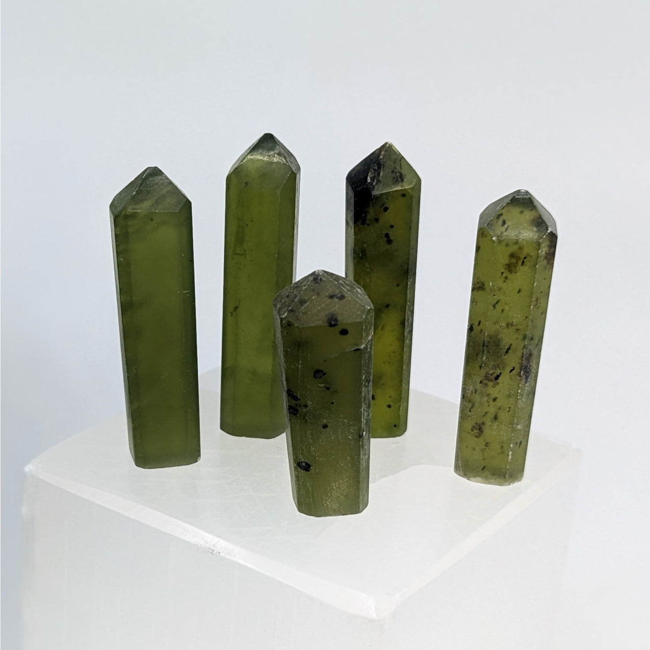 Five green crystal points clustered in Jade Mini Tower #LV6748