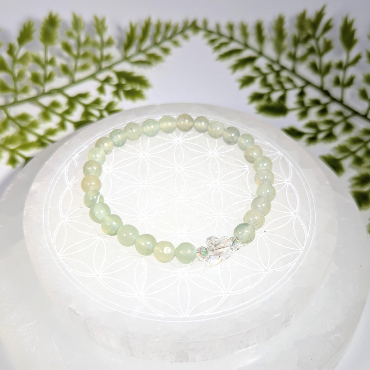 7-inch jade bracelet with pale green 6mm beads, clear crystal accent and butterfly bead #BC1234
