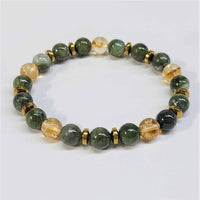 Jade and citrine 8 inch beaded bracelet with alternating dark green and golden yellow translucent stones and gold spacers