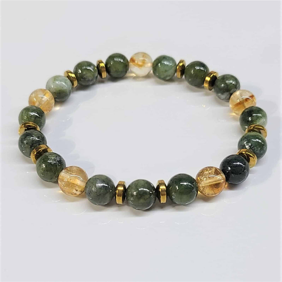 Jade and citrine 8 inch beaded bracelet with alternating dark green and golden yellow translucent stones and gold spacers