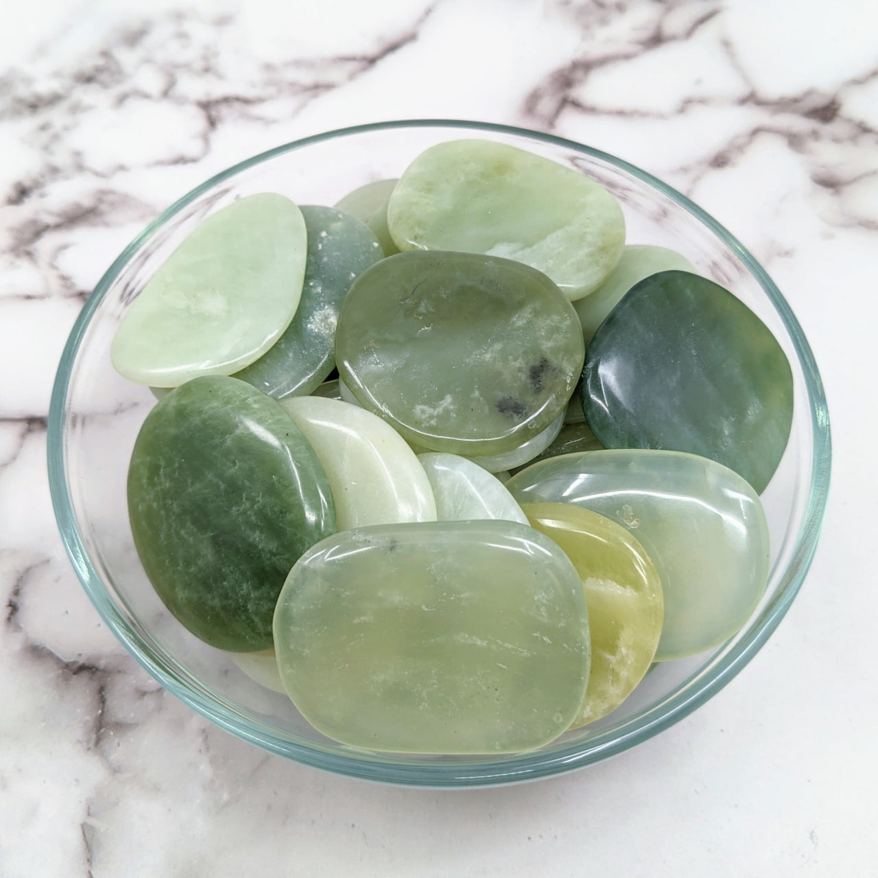 Bowl of Jade Green Flat Palm Stones 1.5 - 2.4’ #LV1478 for your collection