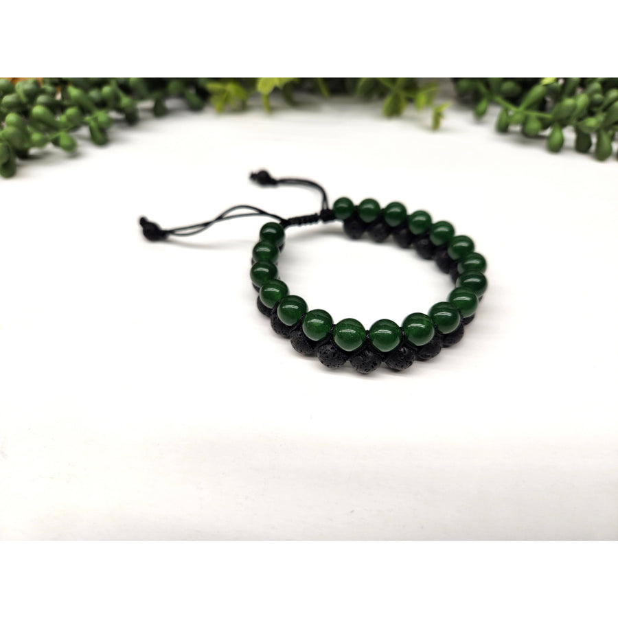 Beaded bracelets with adjustable black cord featuring green Jade and Black Lava 8mm beads