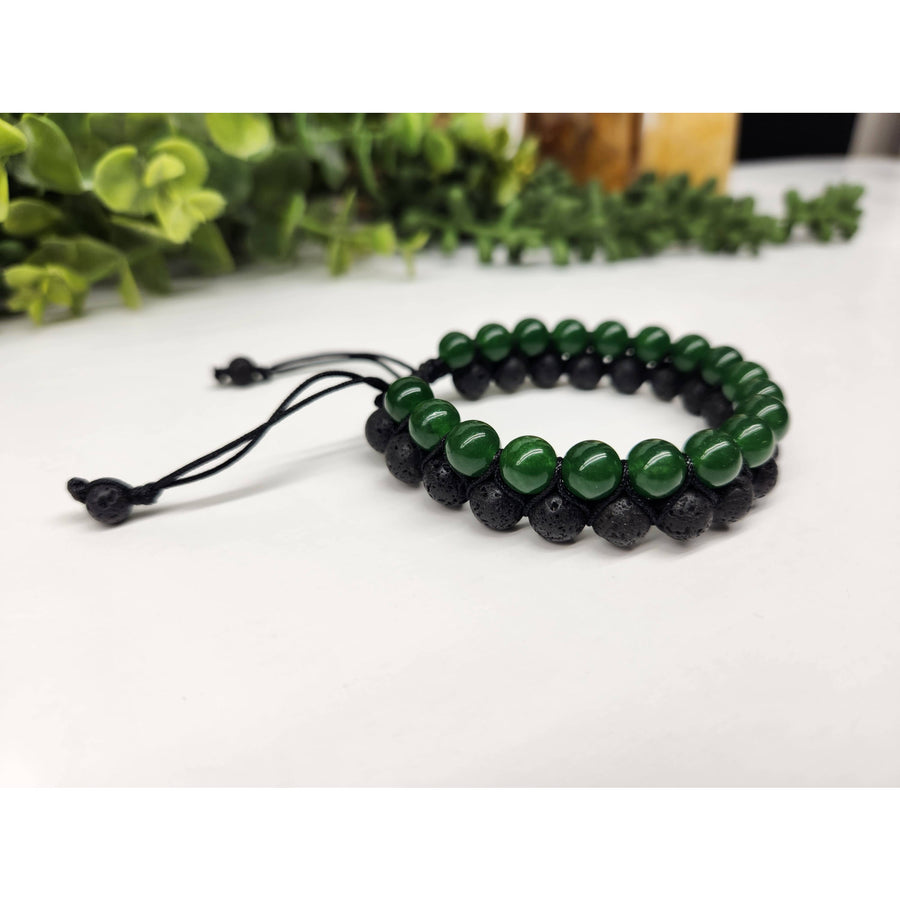 Green Jade and Black Lava woven beaded bracelets with adjustable cords