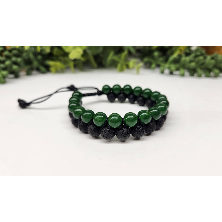 Two-strand green Jade and black Lava woven adjustable beaded bracelet displayed in product LV4222